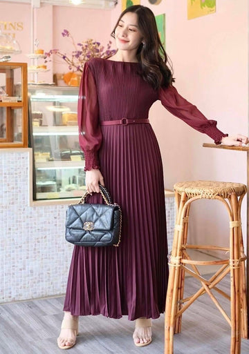 Pierre Solid Pleated Long Dress - Burgundy
